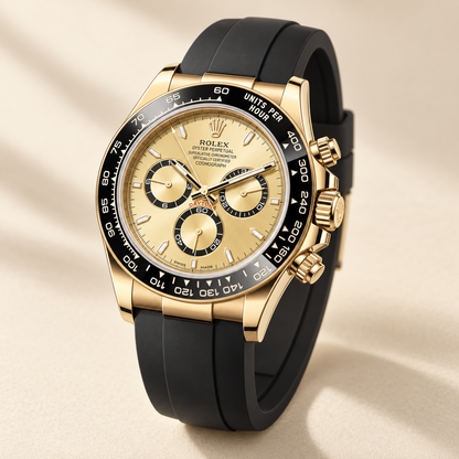 Aureon Chronograph, Seitenansicht mit goldfarbener Krone und Drückern