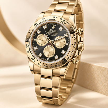 Aurevio Chronograph mit Steinbesatz, Seitenansicht mit Krone und Drückern