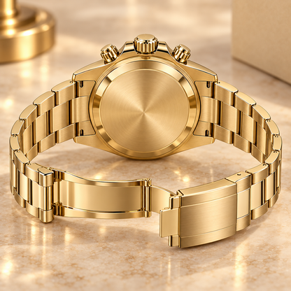 Geschlossener goldfarbener Gehäuseboden und geöffnetes Armband
