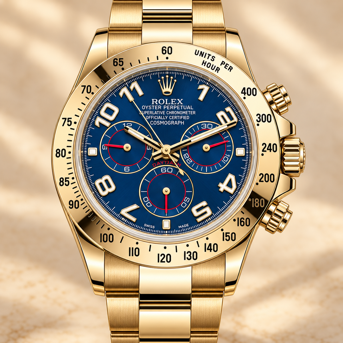 Vorderansicht des blau-goldfarbenen Azurique Herren-Chronographen