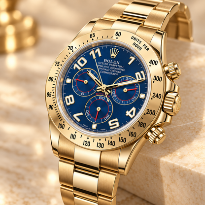 Seitenansicht des blau-goldfarbenen Azurique Herren-Chronographen