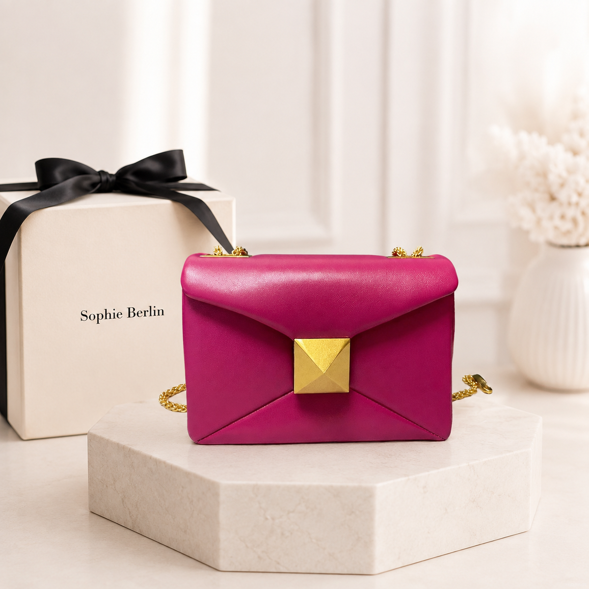 One Stud Leder-Umhängetasche Magenta – Luxusansicht