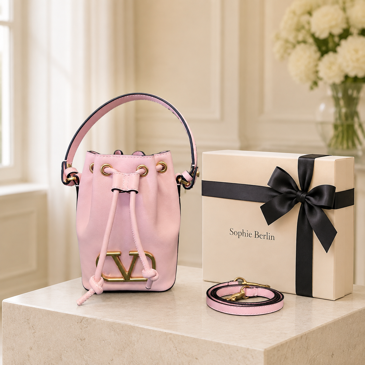 V-Logo Beuteltasche Rosa – Luxusansicht