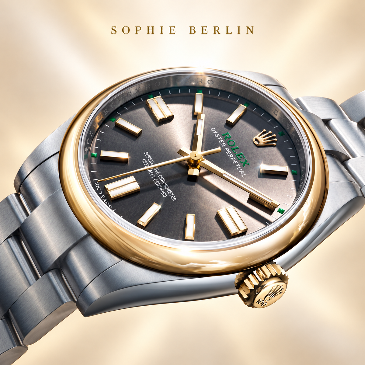 Elegante Herrenuhr – Bicolor & Anthrazit – Schrägansicht mit Armband – Sophie Berlin