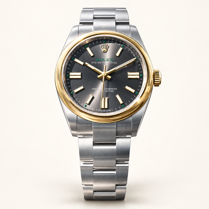 Elegante Herrenuhr – Bicolor & Anthrazit – Vorderansicht mit Gliederarmband