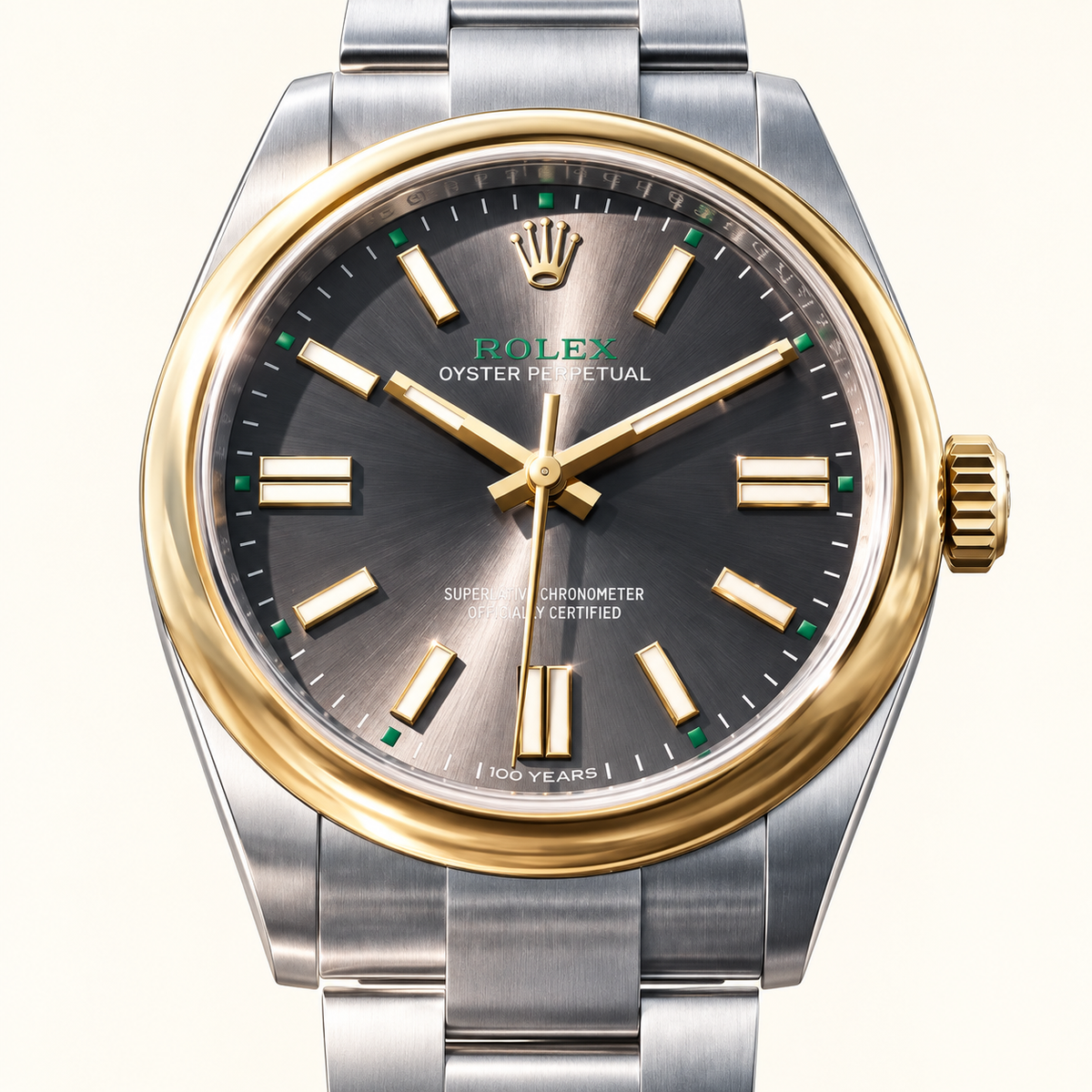 Elegante Herrenuhr – Bicolor & Anthrazit – Detailansicht von Zifferblatt, Lünette und sichtbarer Krone