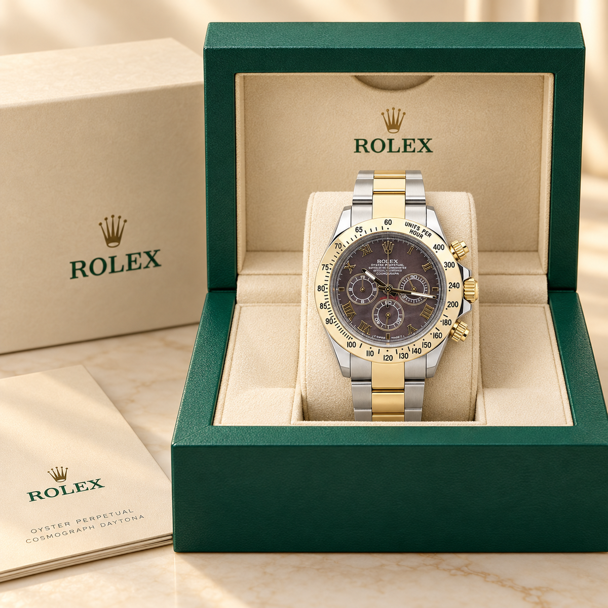 Brunello Chronograph in Dunkelbraun und Bicolor – 40 mm, Frontansicht mit Geschenkbox
