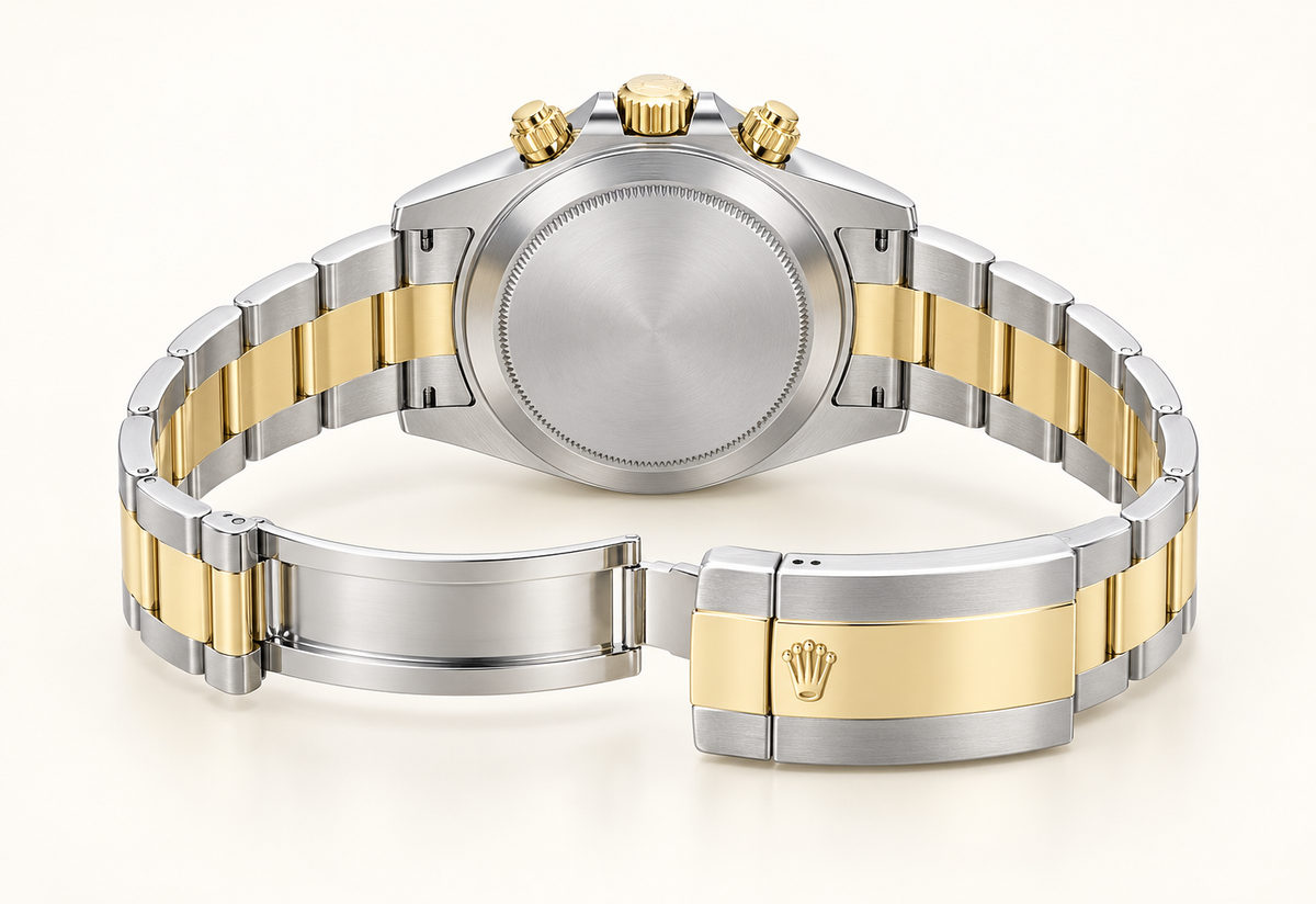 Brunello Chronograph in Dunkelbraun und Bicolor – 40 mm, geschlossene Rückseite und geöffnetes Armband