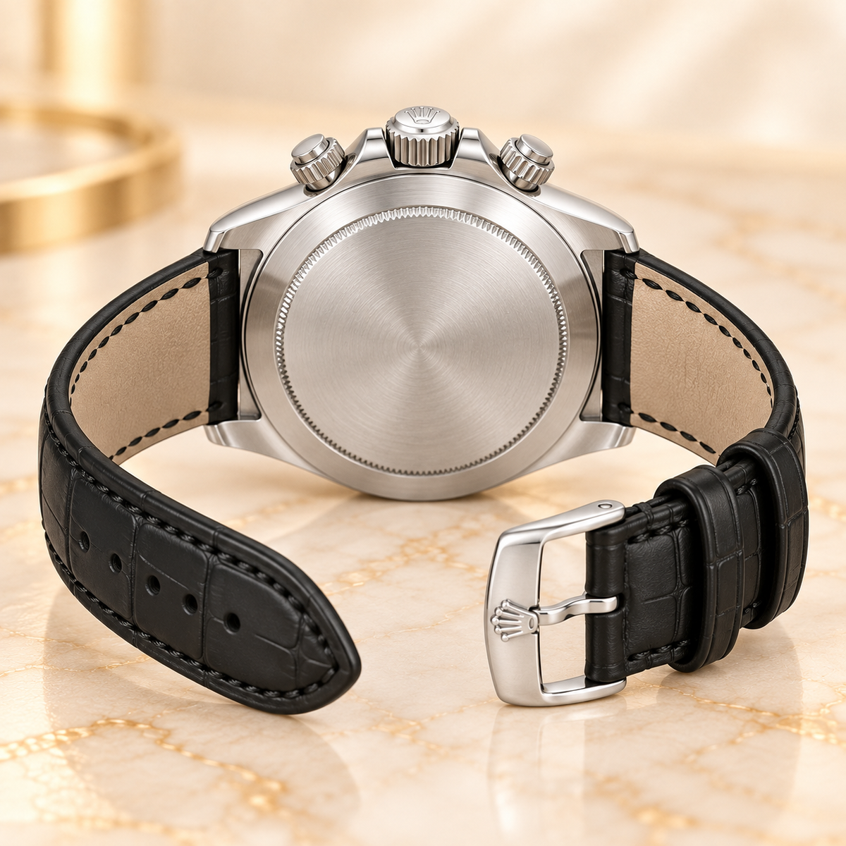 Cavero Herren-Chronograph – geschlossener Gehäuseboden und geöffnetes Lederoptikband