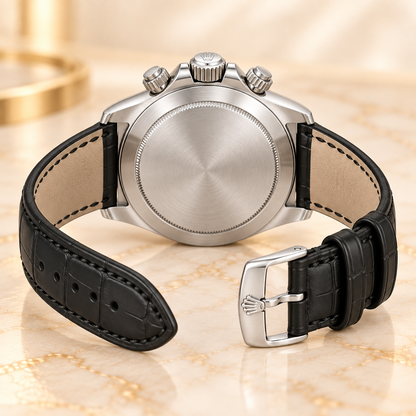 Cavero Herren-Chronograph – geschlossener Gehäuseboden und geöffnetes Lederoptikband