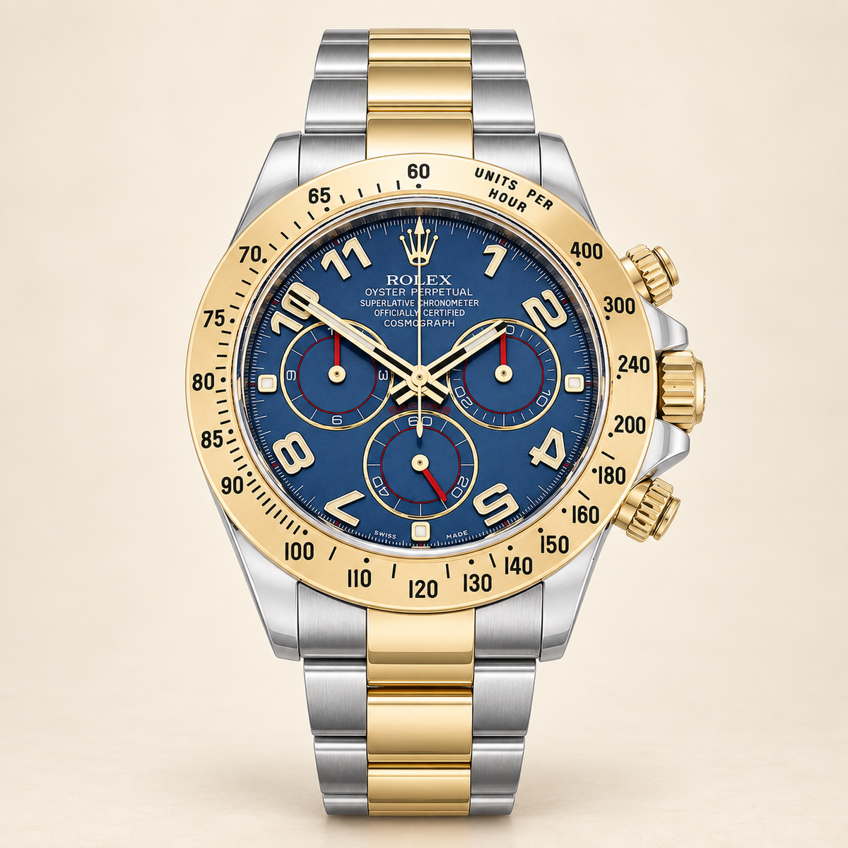 Celestaro Chronograph, Vorderansicht mit blauem Zifferblatt und Bicolor-Gliederarmband