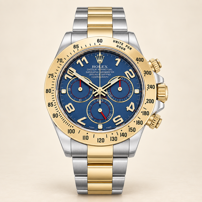 Celestaro Chronograph, Vorderansicht mit blauem Zifferblatt und Bicolor-Gliederarmband