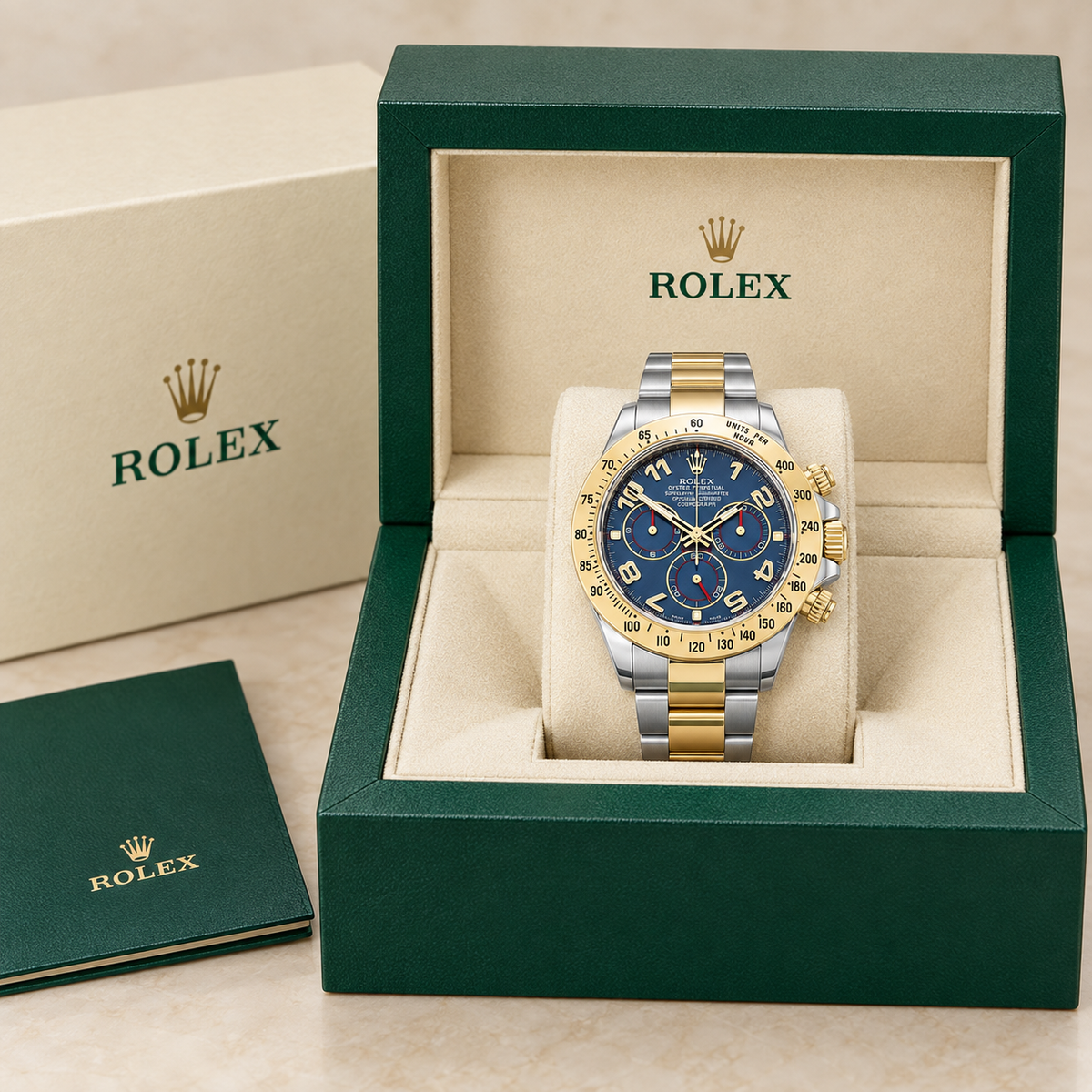 Celestaro Chronograph in Blau und Bicolor, 40 mm, in Rolex Präsentationsbox