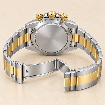 Celestaro Chronograph, geschlossener Gehäuseboden und geöffnetes Bicolor-Armband