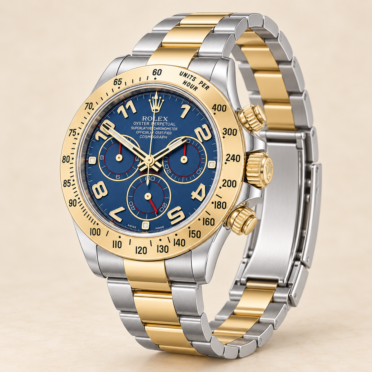 Celestaro Chronograph, Seitenansicht mit goldfarbener Krone und Drückern