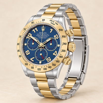 Celestaro Chronograph, Seitenansicht mit goldfarbener Krone und Drückern