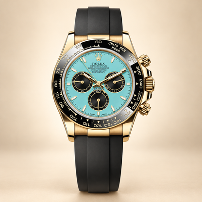 Celestia Chronograph, Vorderansicht mit türkisfarbenem Zifferblatt und schwarzem Armband