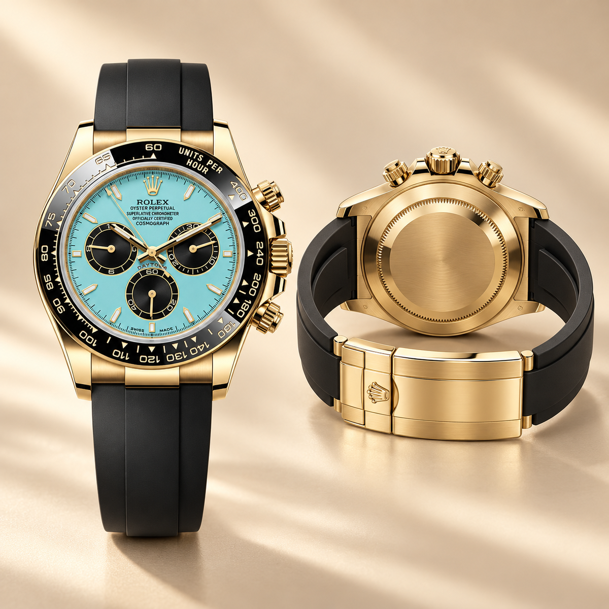 Celestia Chronograph, geschlossener goldfarbener Gehäuseboden und geöffnetes schwarzes Armband