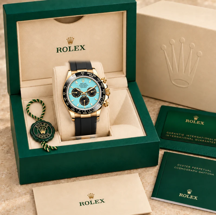 Celestia Chronograph – Türkis & Schwarz | 40 mm in groene Rolex-doos