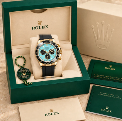 Celestia Chronograph – Türkis & Schwarz | 40 mm in groene Rolex-doos
