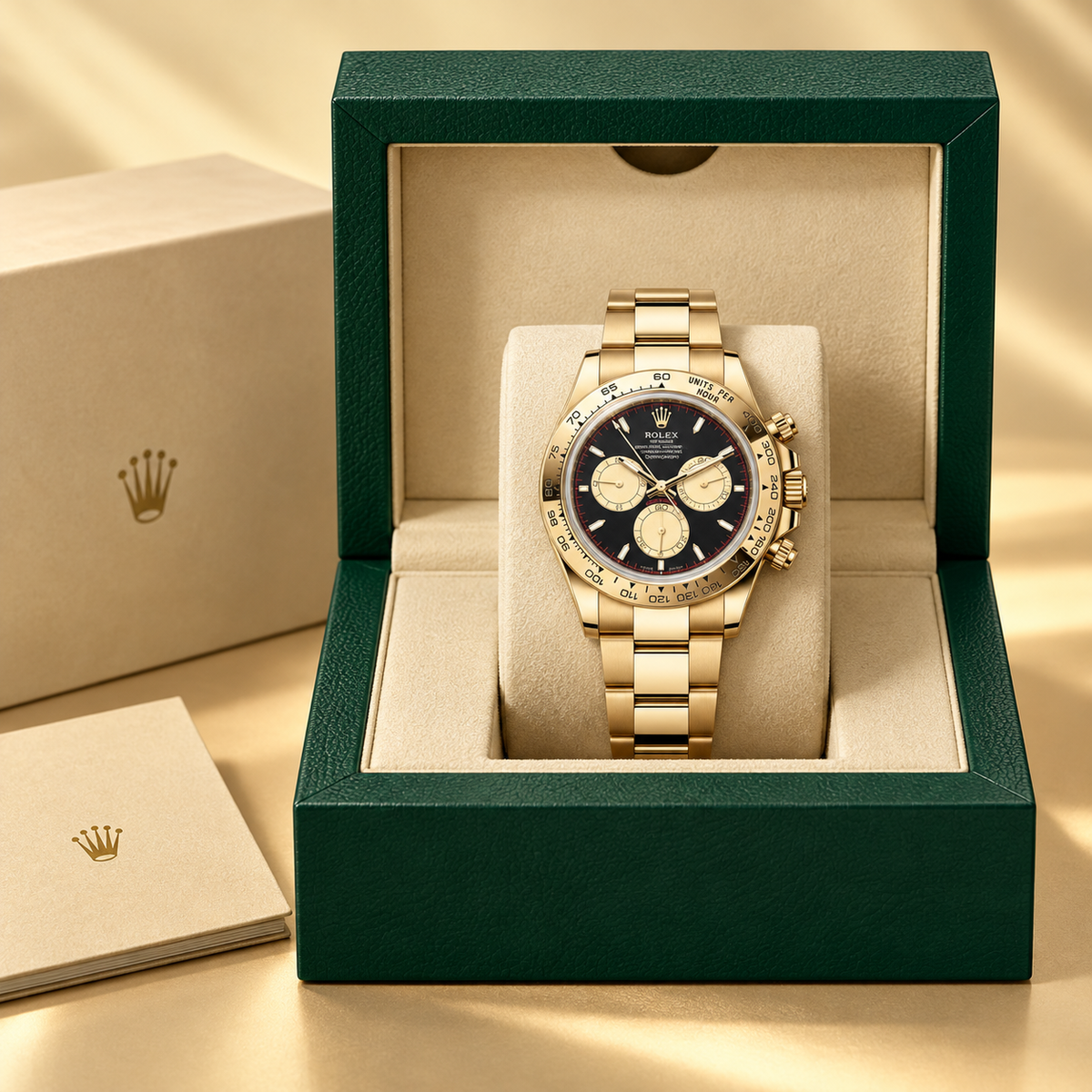 Champavio Herren-Chronograph in Schwarz, Champagner und Goldfarben, 40 mm – Präsentation mit Uhrenbox
