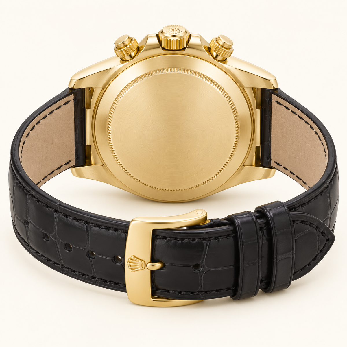 Champelio Herren-Chronograph – geschlossene Rückseite und geöffnetes schwarzes Armband