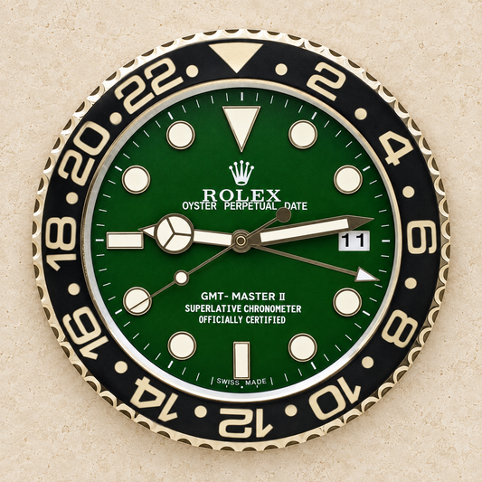 Rolex wandklok op doorlopende luxe muur zonder decoratie links of rechts