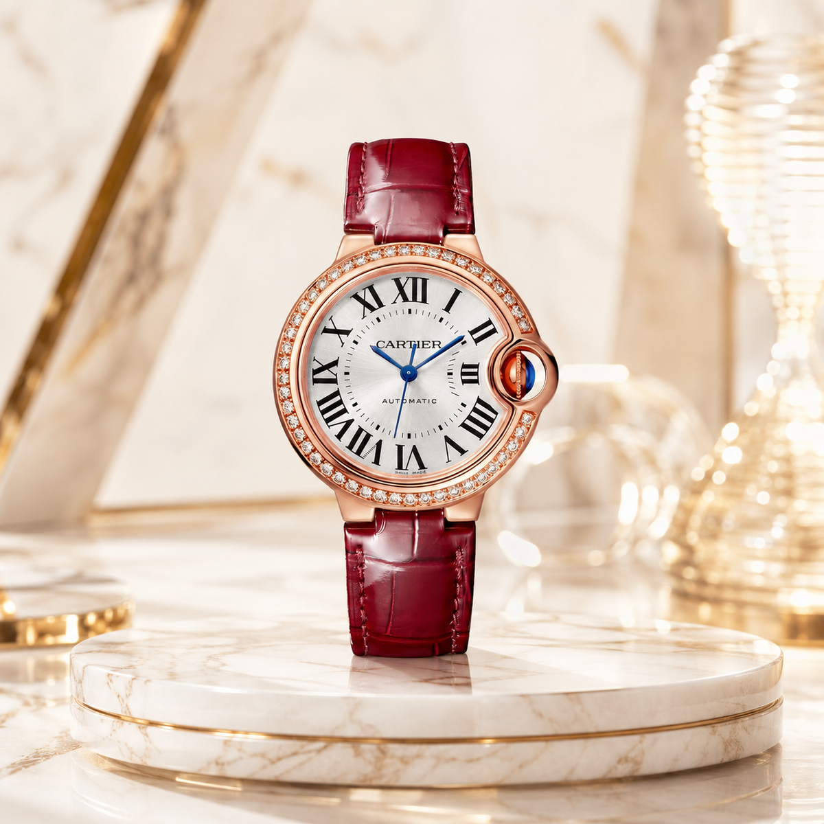 Ballon Bleu Damenuhr mit bordeauxrotem Lederarmband – Luxus Profilfoto