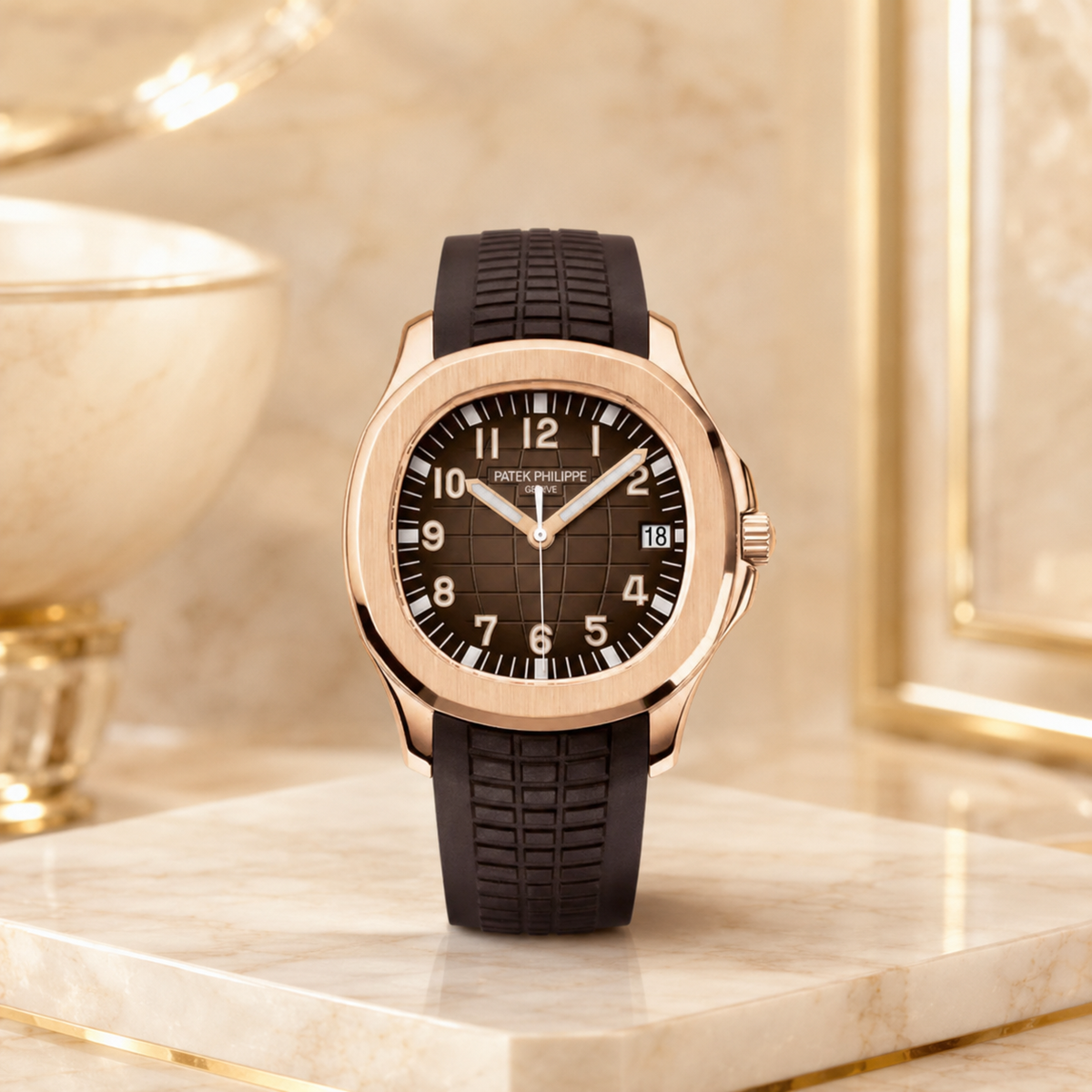 Aquanaut Date Damenuhr mit braunem Armband und Roségold-Finish – Luxus Profilfoto