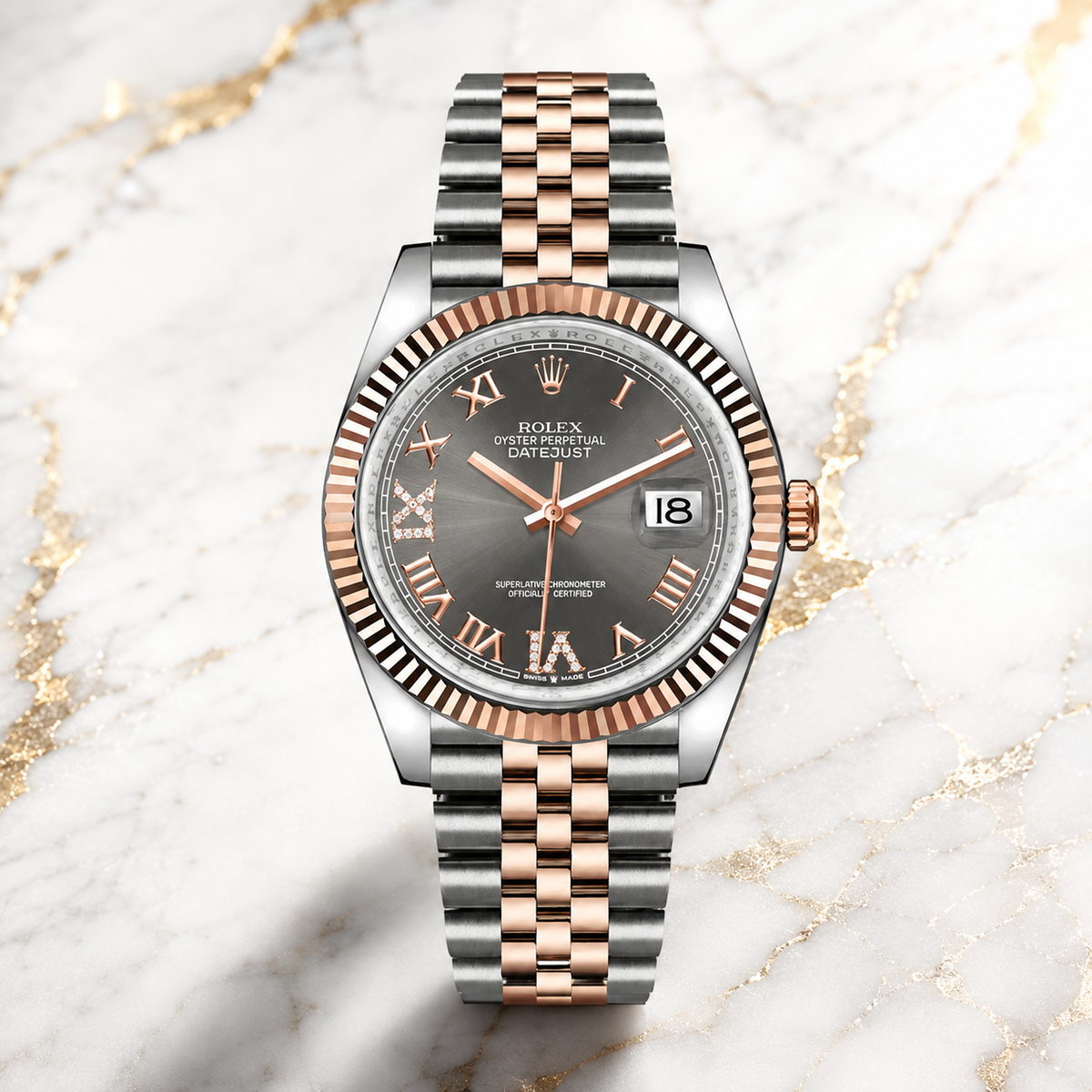 Dark Rhodium Dial Fluted Bezel 36mm – luxuriöse Produktaufnahme
