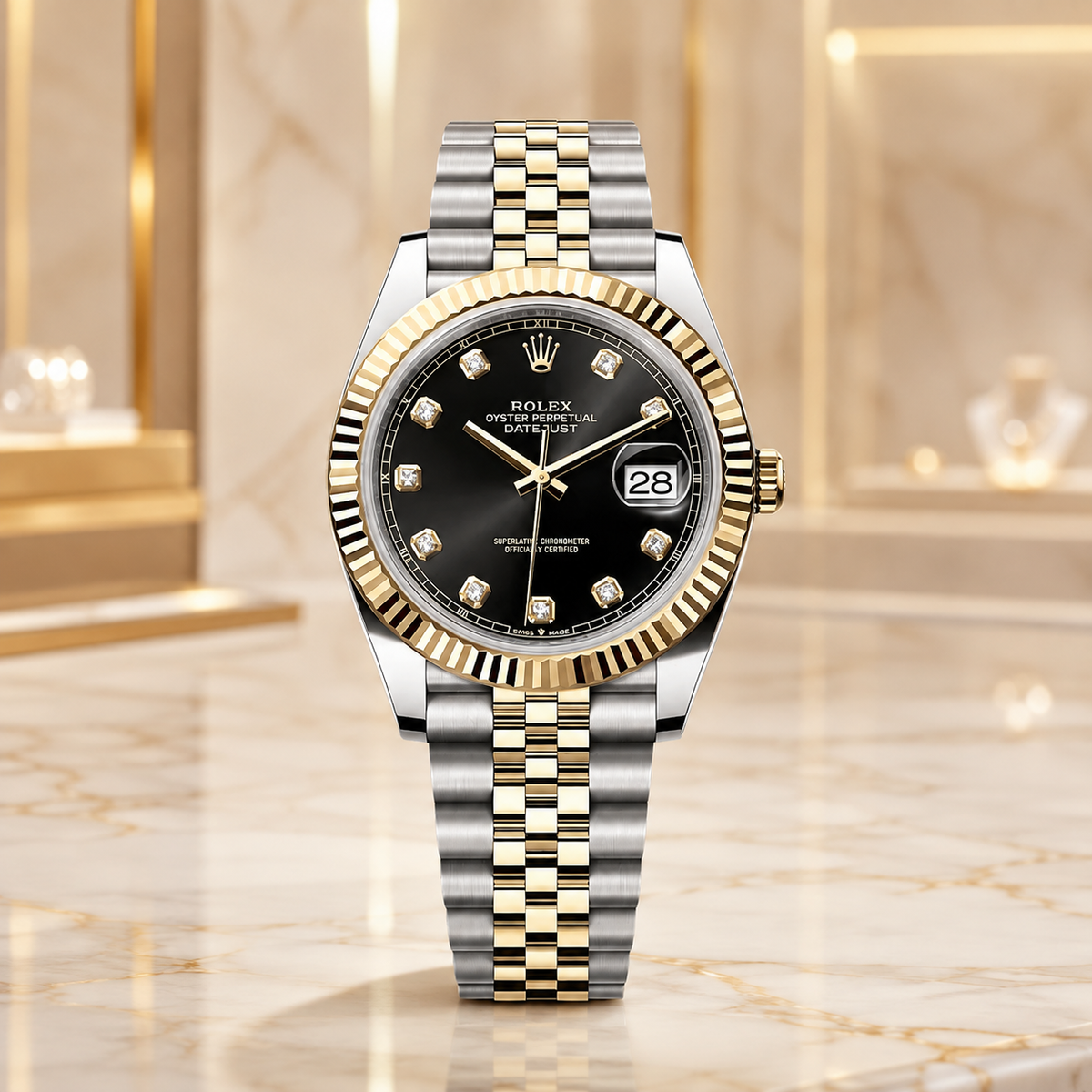 Classic Black Diamond Dial Gold & Steel 41mm – luxuriöse Produktaufnahme