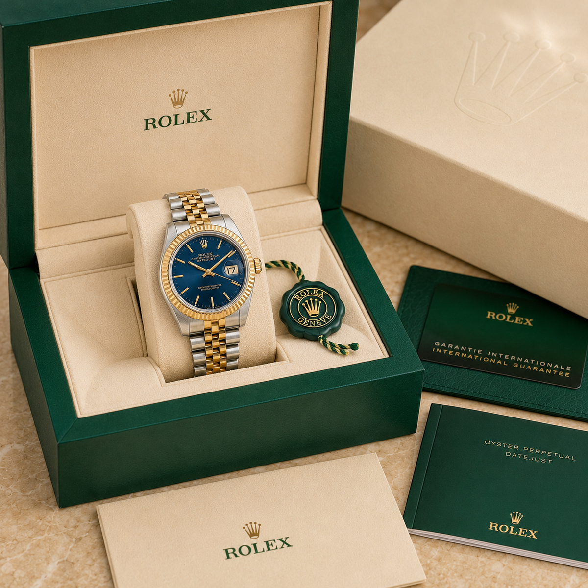 Classic Gold & Steel Blue Dial 36mm complete set met doos en certificaten