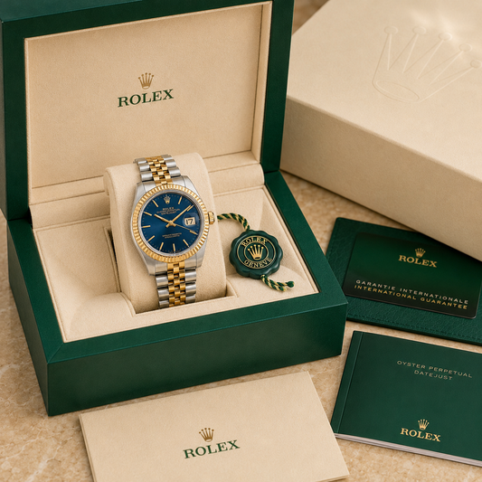 Classic Gold & Steel Blue Dial 36mm complete set met doos en certificaten