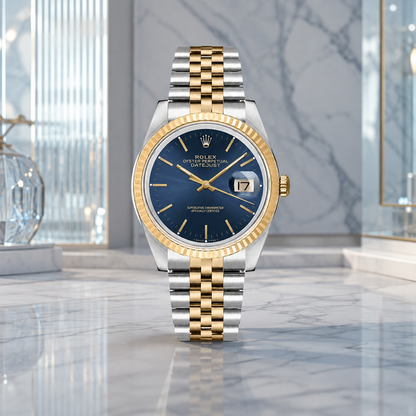 Classic Gold & Steel Blue Dial 36mm – luxuriöse Produktaufnahme