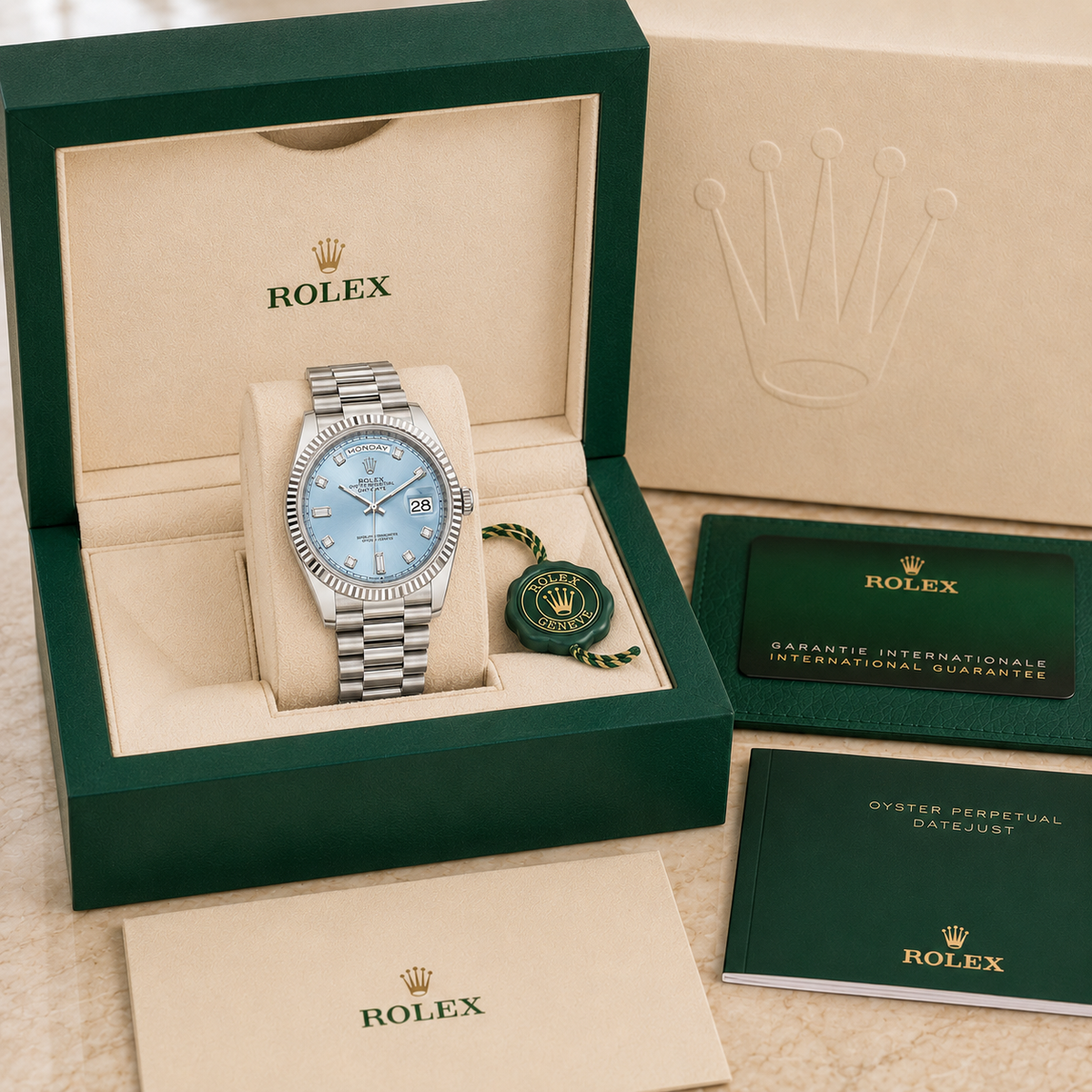 Day-Date 40 „Ice Blue“ complete set met doos en certificaten