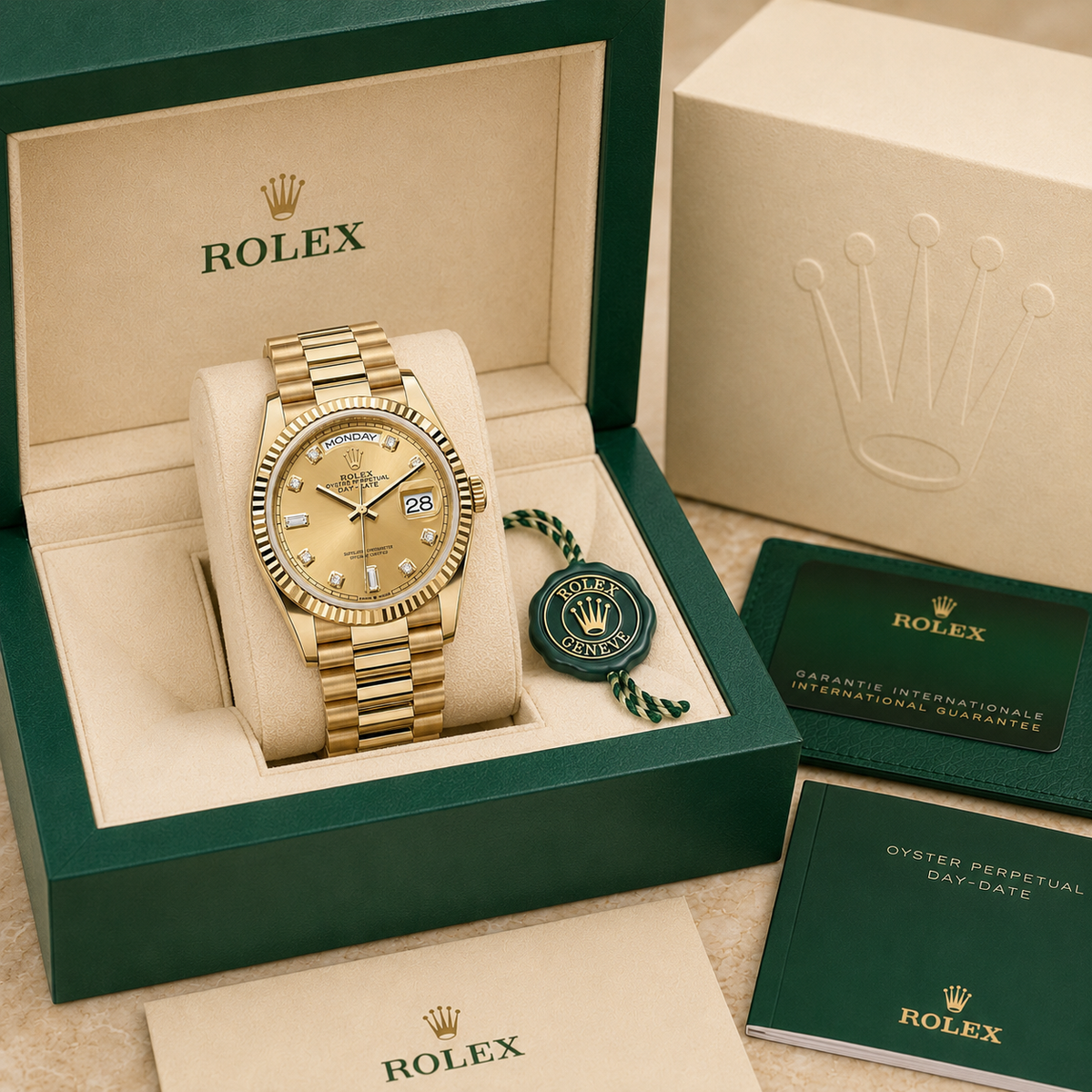 Day-Date Diamond 128238 "Yellow Gold" complete set met doos en certificaten