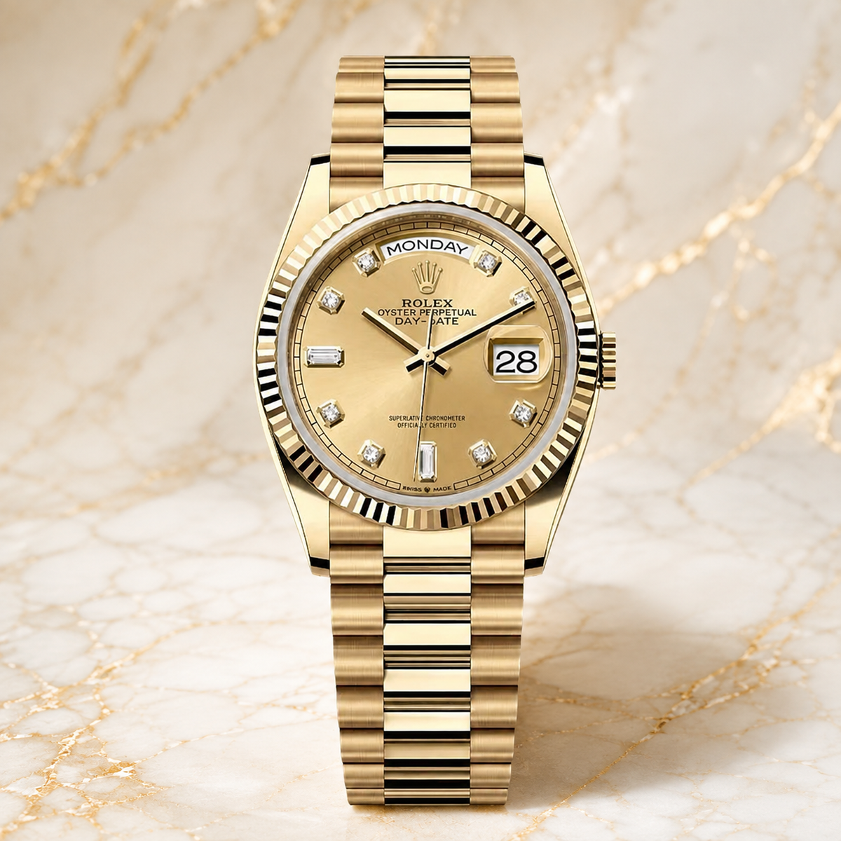Day-Date Diamond 128238 "Yellow Gold" – luxuriöse Produktaufnahme