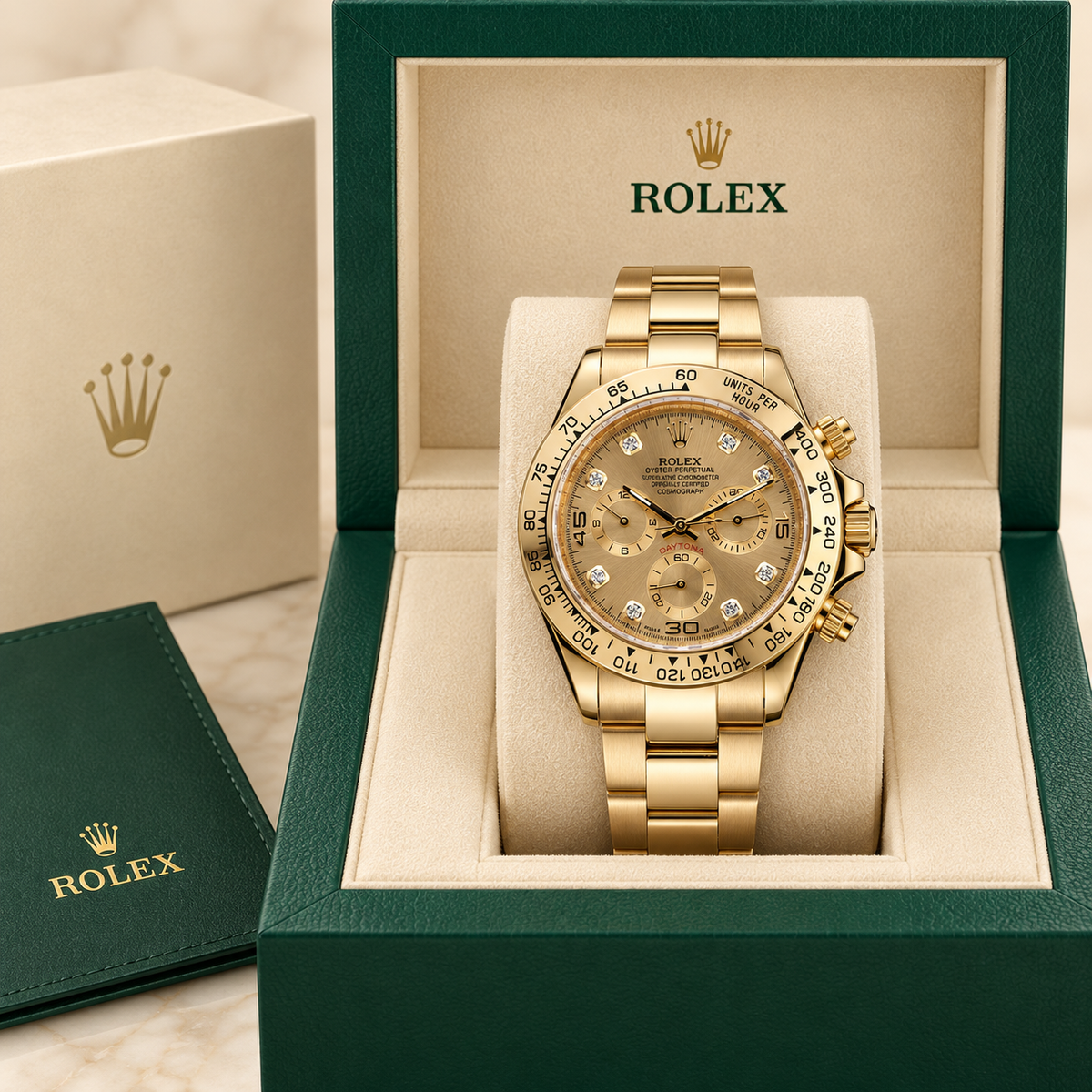 Doriano Chronograph – Champagner & Steinbesatz, 39 mm, in grüner Uhrenbox