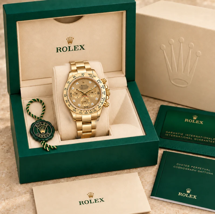 Doriano Chronograph – Champagner & Steinbesatz | 39 mm in groene Rolex-doos