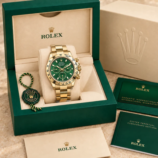 Emeraldo Herren-Chronograph – Grün & Goldfarben | 40 mm in groene Rolex-doos