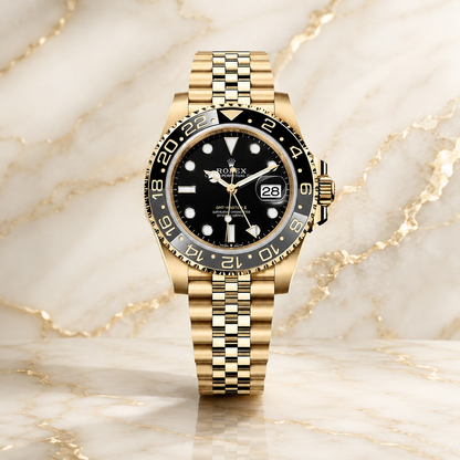 GMT-Master II 126718GRNR 'Jubilee Gold' – luxuriöse Produktaufnahme