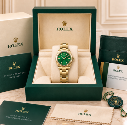 Elegante Damenuhr – Goldfarben & Grün in der Präsentationsbox