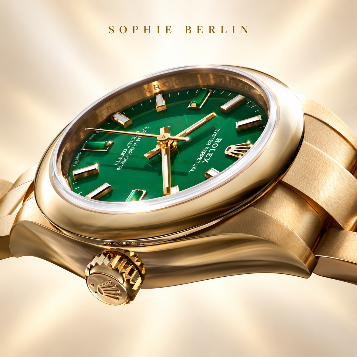 Elegante Damenuhr – Goldfarben & Grün – Seitliches Detail von Gehäuse und Krone – Sophie Berlin