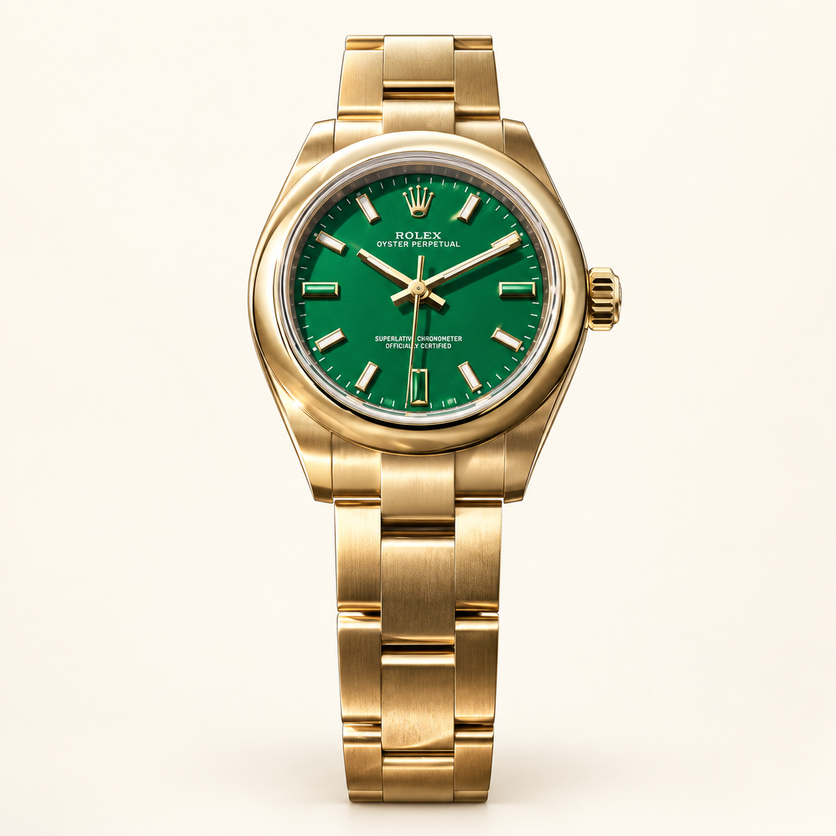 Elegante Damenuhr – Goldfarben & Grün – Vorderansicht mit Gliederarmband
