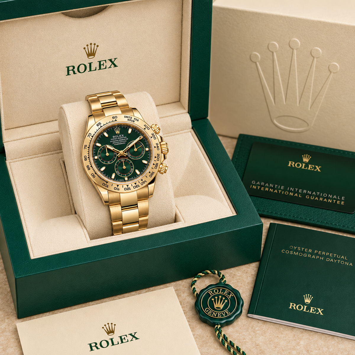 Goldene Damen-Luxusuhr – Grün 40 mm in luxe presentatiebox