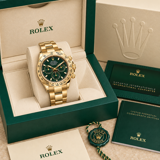 Goldene Damen-Luxusuhr – Grün 40 mm in luxe presentatiebox