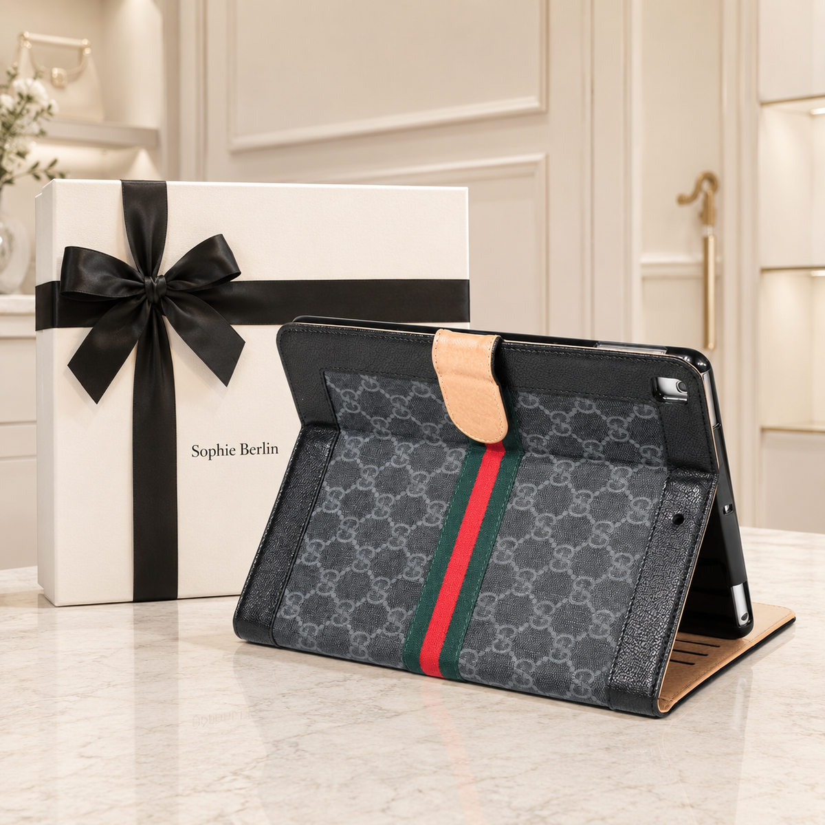 iPad-Hülle mit Kartenfächern und Streifendetail