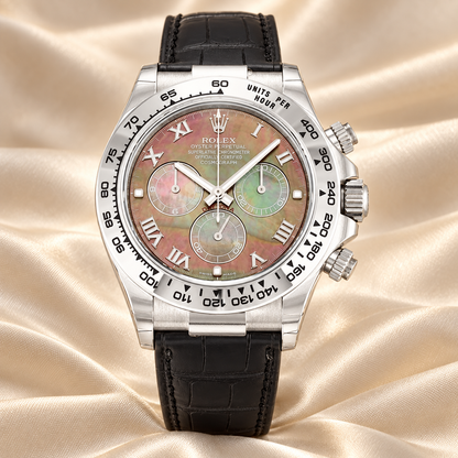 Irisel Chronograph, Vorderansicht mit schillerndem Zifferblatt und römischen Ziffern