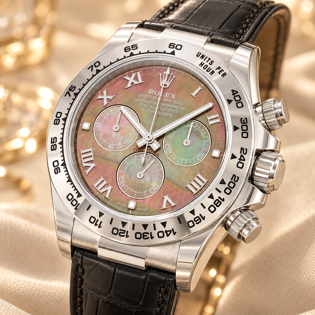 Irisel Chronograph, Seitenansicht mit Krone und Chronographendrückern