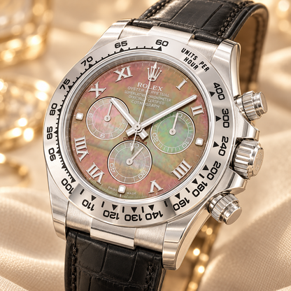 Irisel Chronograph, Seitenansicht mit Krone und Chronographendrückern